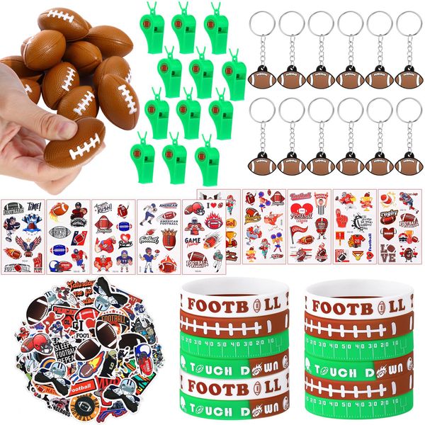 Aoriher 108 Pcs Football Party Favors Set Football Party Themed Goodie Bag Fillers Mini Football Balls Whistle Silicone Bracelet Tattoo Sticker Temporary Keychain for Sport Party Supplies