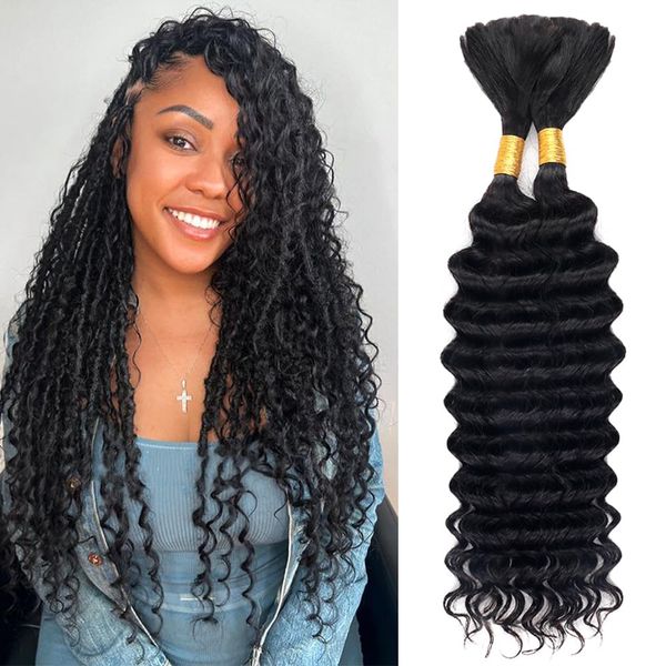 Goulus Deep Wave Bulk Human Hair For Braiding 100% Unprocessed Brazilian Virgin Human Hair Extensions Two Bundles Micro Braiding Human Hair 100g No Weft(18inch, Natural Black)