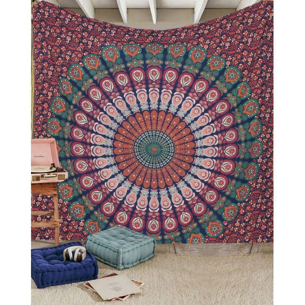 raajsee Blue Orange Tapestry Hippie Boho Beach Blanket Mandala Indian Cotton Throw - Home Décor Indie Rug Yoga Mat Meditation Picnic Rugs 210X220 CMS