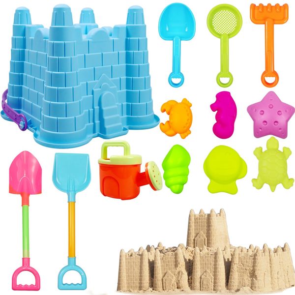 Crazy Music Beach Toys,13 pcs Sand Castle Toys for Kids with Sand Castle Bucket,Shovel Sets,6 Sea Creatures Molds,Watering Can,Sandbox Toys for Toddlers Boys Girls Age 3-10(13 pcs in 1 Set)