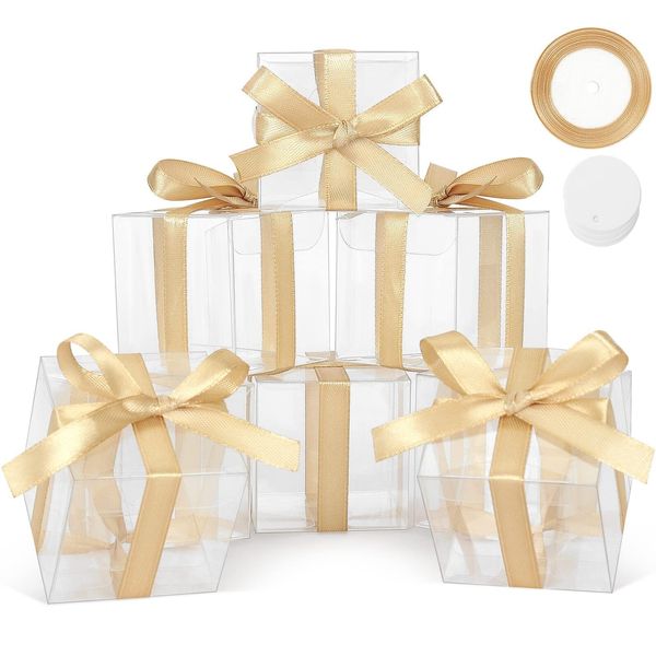 35 Pcs Clear Gift Boxes 6x6x6Inch Cupcake Boxes w/ Gold Ribbons for Party Favors