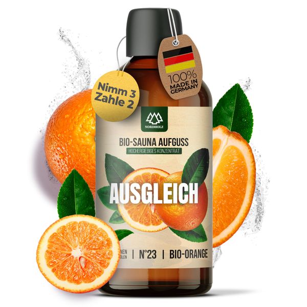 NORDHOLZ® Saunaaufguss BIO [NATURREINE ÄTHERISCHE BIO-ÖLE] Sauna Aufgussmittel #23 Ausgleich 100ml Orange - Sauna Aufguss aus Franken - Saunaduft