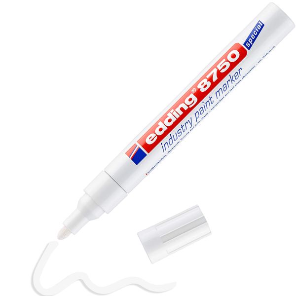 edding 8750 industry paint marker - white - 1 pen - round nib 2-4 mm - paint marker for writing on dusty, slightly oily surfaces, tyres, metal, glass and wood - permanent, waterproof