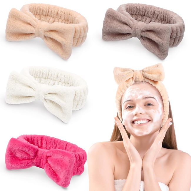 JOUXKOT Spa Headband, 4 Pack Bow Hair Band for Washing Face Facial Makeup Yoga Shower, Soft Coral Fleece Head Band Wraps for Women and Girls