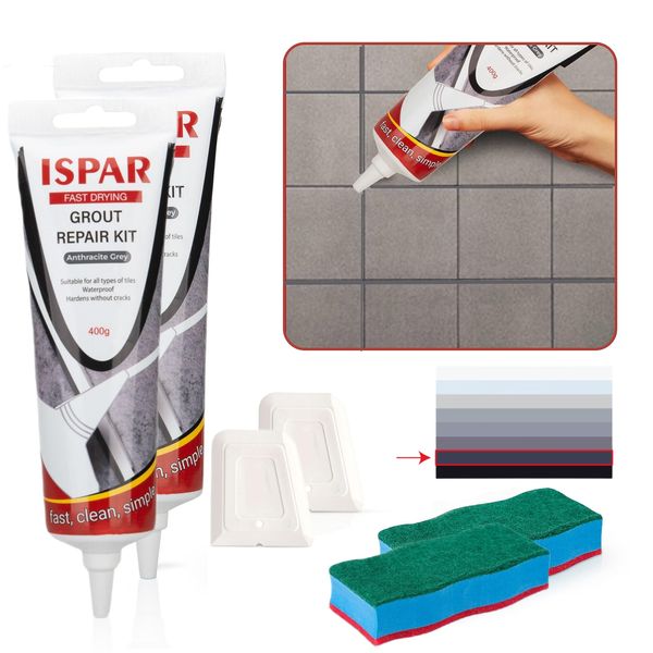 ISPAR Tile Grout Repair Set for Wall and Floors Tile Joints with Spatula and Sponge, Repair Mortar, Fill and Reviver The Joints, Quick-Drying, Ready Mixed Grout (Anthracite Grey)