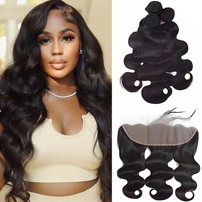 Body Wave Bundles Human Hair With Frontal(16 18 20 + 14,Free Part) 100% Natural Human Hair Extensions 13x4 HD Transparent Lace Frontal With Black Body Wave Weave 3 Bundles Brazilian Real Human Hair