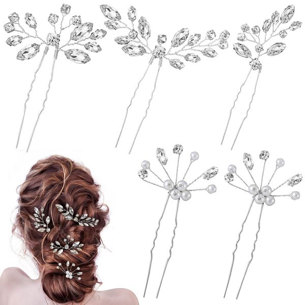 ANCIRS 5 Pack Pearl Bridal Wedding Hair Styling Pins, Sparkling Crystal Leaves Style Bride Head Piece, Handmade Bling Diamond Flower Hair Accessories for Women & Girls Bridesmaids Hairstyles- Silver