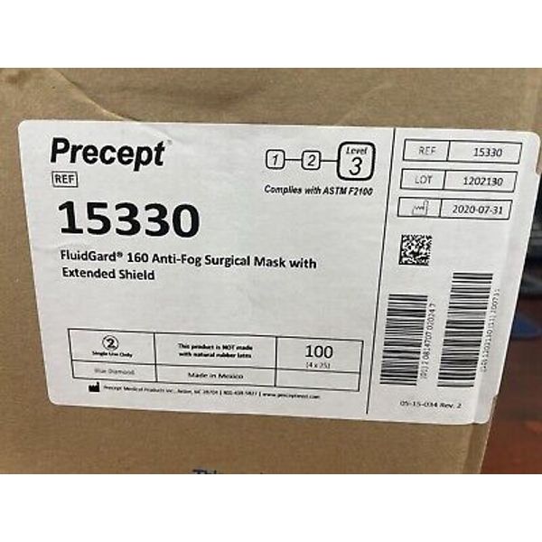 Precept FluidGard 160 AntiFog Surgical Mask Level 3 + Shield Case of 100 # 15330