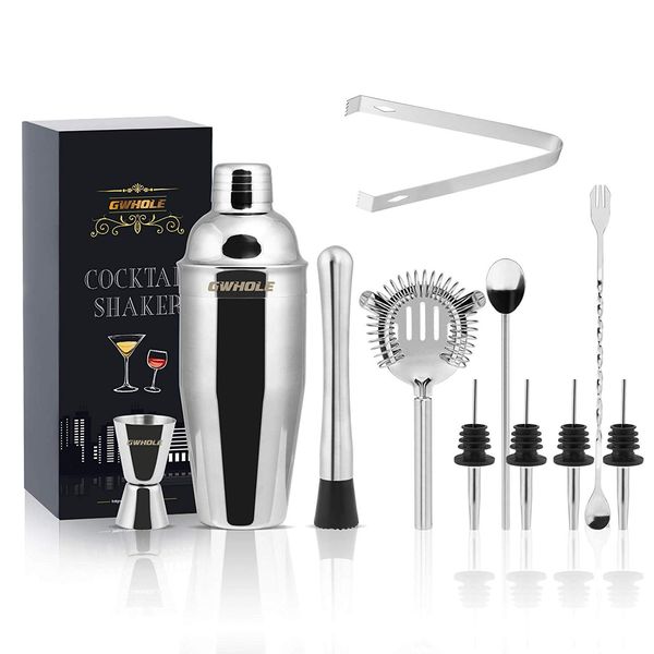 GWHOLE Cocktail Shaker, Authentic Cocktail Set, 11 Pieces, Measure Cup, Bar Set, Bartender Set, Milk Tea, Handmade, Late Drinking, Gin Tonic, Highball, Commercial Use, Homemade, 25.5 fl oz (750 ml)