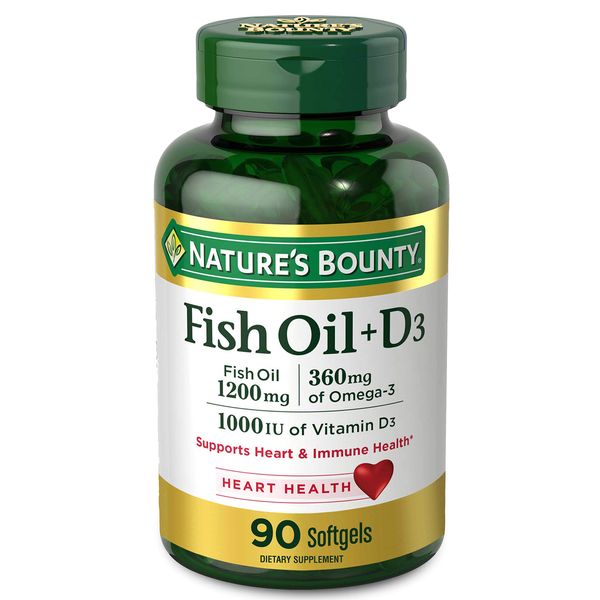 Nature's Bounty Fish Oil plus D3, Contains Omega 3, Immune Support & Supports Heart Health, 1200mg Fish Oil, 360mg Omega 3, 1000IU Vitamin D3, 90 Softgels