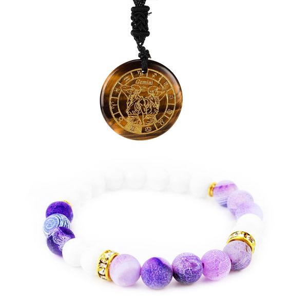 Soulnioi Healing Crystal Natural Energy Tiger Eye Crystal Gemini Constellation Pendant Necklace and Amethyst Beaded Bracelet 19cm for Reiki Energy Spirit Gift