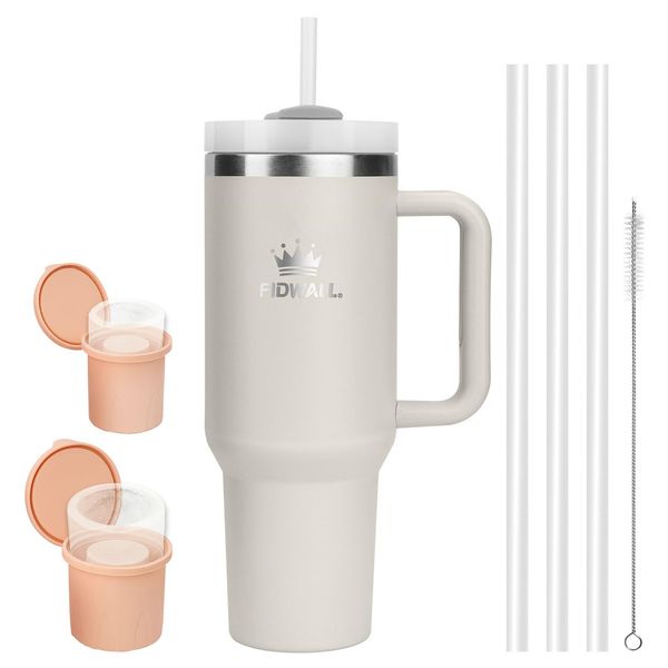 FIDWALL 40oz Tumbler Stainless Steel Vacuum Insulated Cup H2.0 with Lid, 3 Straws, 1 Straw Brush, and Ice Cube Tray for Water, Iced Tea, Coffee, Smoothies, and More (Cream)