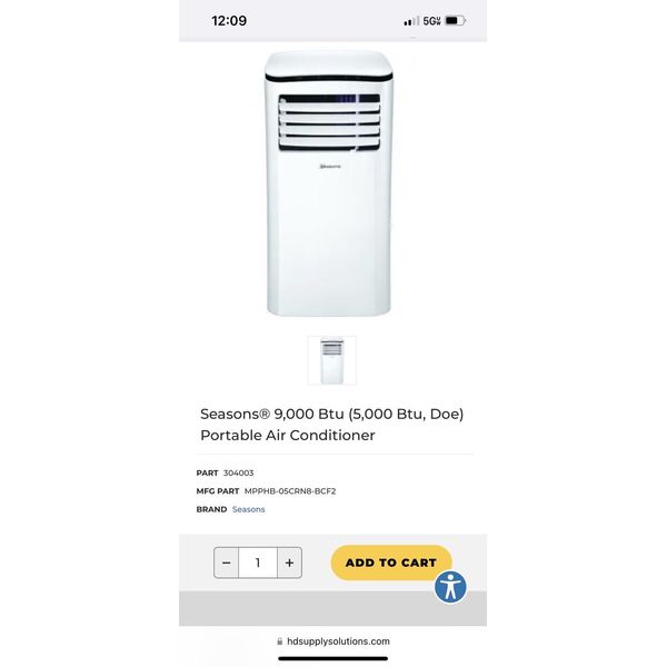 Seasons 8,500btu/5000 BTU Sacc Portable Air Conditioner