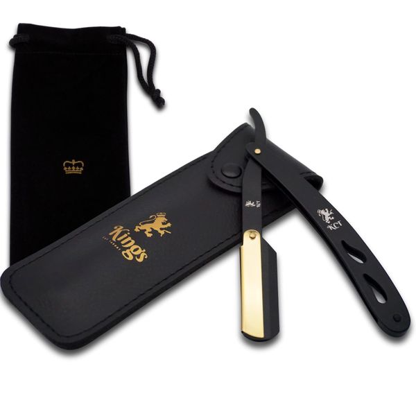 Cut Throat Razor for Men by The Kings Cutthroat® - Men’s Cutthroat Shaving Black & Gold Steel – Leather Travel Pouch & Velvet Kit Bag Included – Essential Male Grooming Accessory for Beards NO Blades