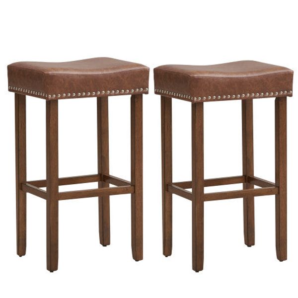 Upholstered Bar Stools Set of 2 with Footrests for Counter-Brown