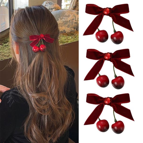 6PCS Cherry Bow Hair Clip Red Velvet Bow Hairpin Chirmas Cute Alligator Clips Artificial Fruit Hair Barrettes Women Girls Teen Hair Accessories