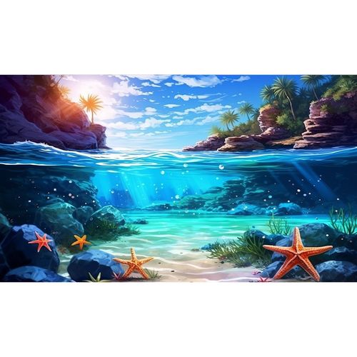 Cartoon Under The Sea Aquarium Background Underwater Aquatic Plants Fish Tank Background Clear Blue Sky with Sunbeams Seashore Pine Tree Terrarium Background Undersea Aquarium Backdrop 48x24in