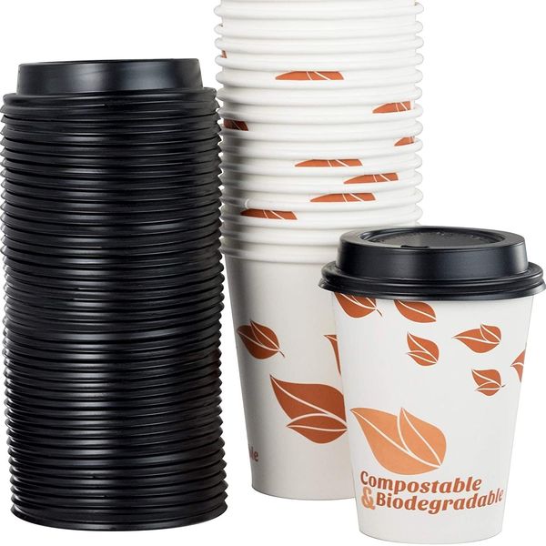 Compostable, Paper Coffee Cups 12 oz, 100 Pack. Disposable, Eco Friendly Bulk Drink Cup Set with Natural Plant Derived PLA Lining for Tea, Water, Espresso, Hot Chocolate To Go Beverages