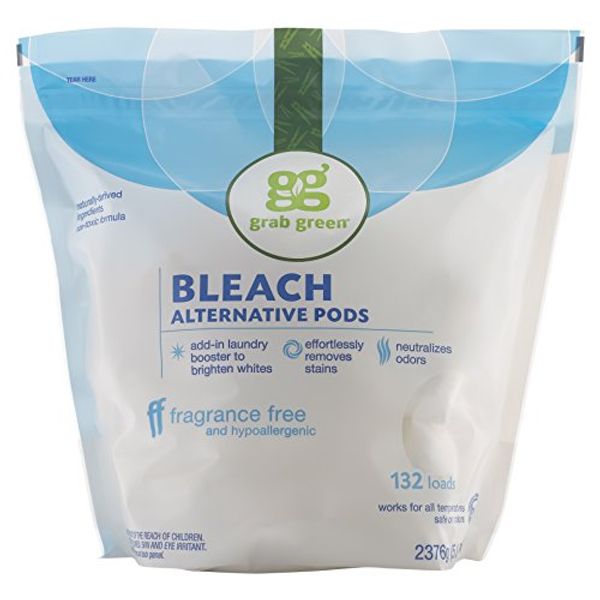 Grab Green Bleach Alternative Pods, 132 Count, Chlorine Free, Fragrance Free, Plant and Mineral Based, Laundry Booster to Brighten Whites, Removes Stains, Neutralizes Odors