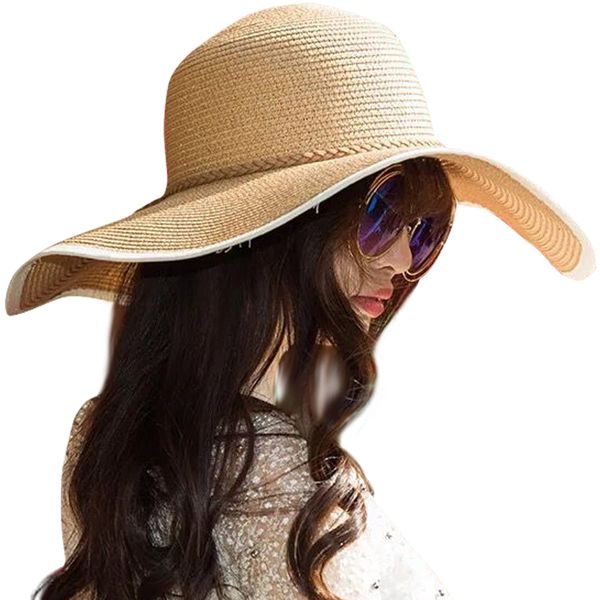 Lanzom Womens Wide Brim Straw Hat Big Floppy Foldable Roll up Cap Beach Sun Hat UPF 50+(Twine-Khaki)