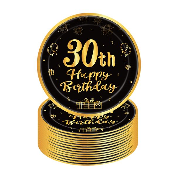 Happy 30th Birthday Paper Plates 9”Black and Gold,16Pcs Disposable Tableware Party Plates,Happy 30th Birthday Decorations Plates for Women,Men,Him,Her 30th Birthday Party Supplies Table Decorations