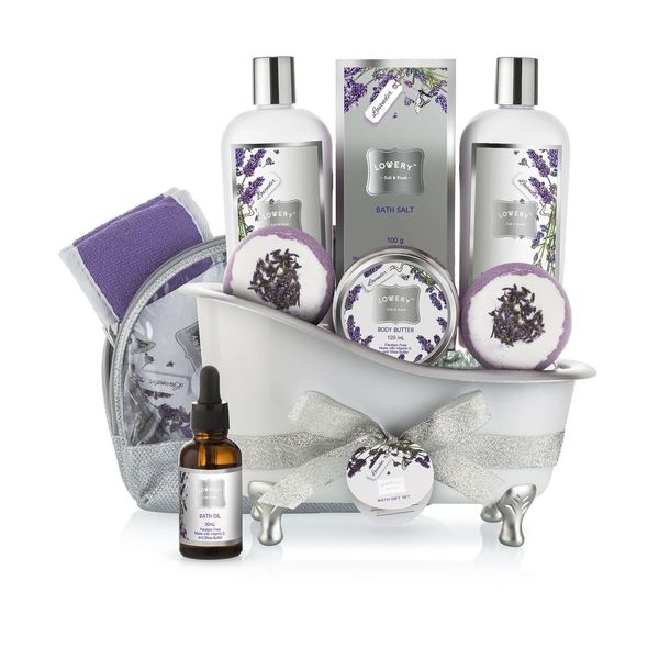 Bath Gift Basket Set for Women: Relaxing at Home Spa Kit Scented with Lavende...