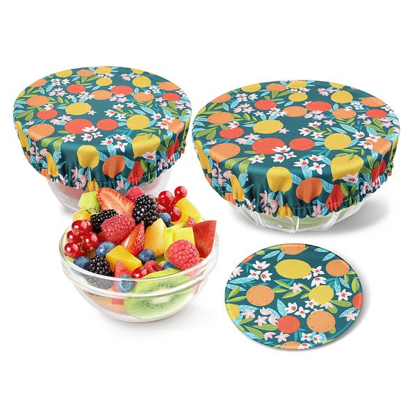 PHOGARY Set of 3 Reusable Food Cover, Elastic Fabric Covers Multi Purpose Food Storage Covers Can Lids Fruit Vegetable Meat Preservation, Fruit Pattern