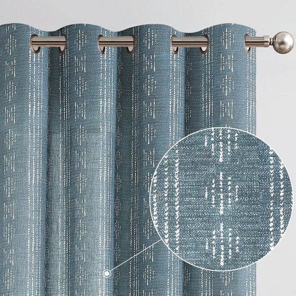 jinchan Boho Curtains Linen Curtains for Living Room Blue Farmhouse Boho Curtains 84 Inches Long Geometric Striped Mudcloth Light Filtering Bedroom Window Grommet Curtains 2 Panels Blue on Beige