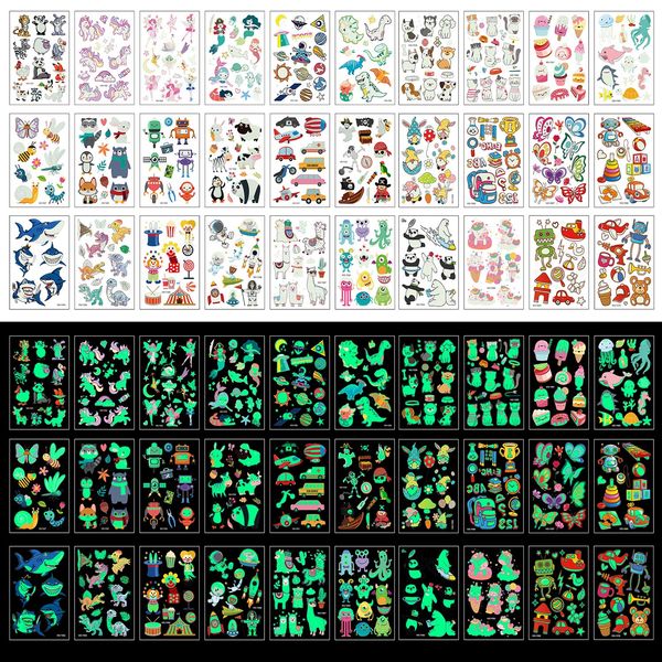 Zayvor Temporary Tattoos For Kids, 400pcs Glow In The Dark Tattoos,Assorted Cartoon Luminous Unicorn Mermaid Butterfly Animal Dinosaur Pirate Space Fake Tattoo, Boys Girls Party Favor Supplies