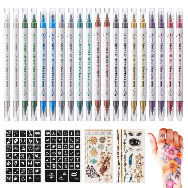 GGSTDDUP 20 Pcs Temporary Tattoo Markers for Skin Tattoo Body Ink Body Markers Removable Tattoo Markers Dual-End Tattoo Pens Bold and Fine Line with 68 Large Tattoo Stencils & 33 Tattoos Stickers