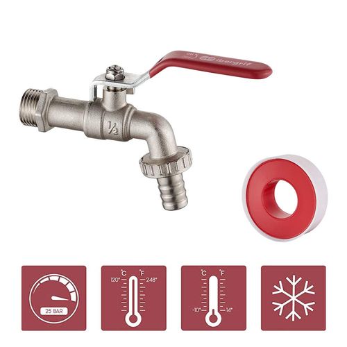 Ibergrif M22201 Garden Tap with Connector, G1/2 Inch Inlet and G3/4 Inch Outlet Outside Taps, Antifreeze -10 ℃, High Temperature Resistance 120 ℃ Single Tap Ball Valve Outside Faucet, Brass