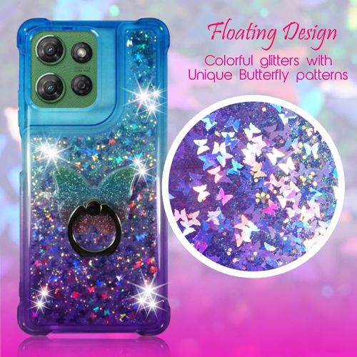 Zase Moto G 5G (2025) Clear Liquid Phone Case Glittery Bling Cute Design Floating 3D Butterflies Shockproof Compatible with Motorola G 5G 2025 w/Phone Ring Holder (Gradient Blue Purple)
