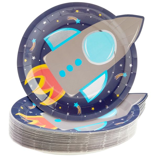 BLUE PANDA 48 Pack Rocket Ship Paper Plates for Kids Outer Space Birthday Party Supplies, Decorations (9 Inches)