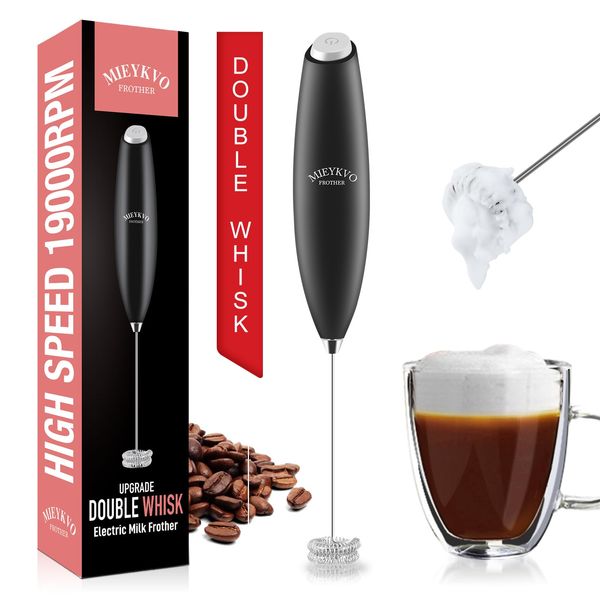 Milk Frother with Double Whisk, Handheld Electric Foam Maker, Hand Coffee Whisk Mixer Wand, Portable Mini Blender Foamer Stirrer for Latte, Matcha,Hot Chocolate