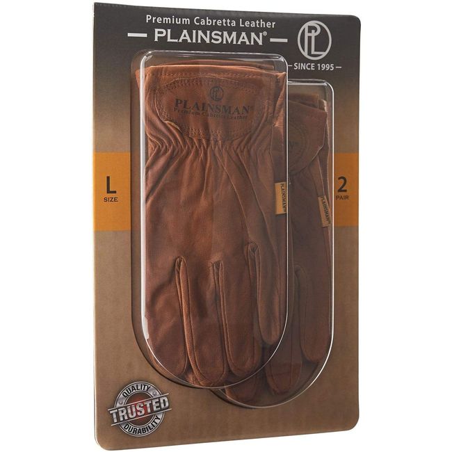 Plainsman Premium Cabretta Brown Leather Gloves, 2 Pairs, Large