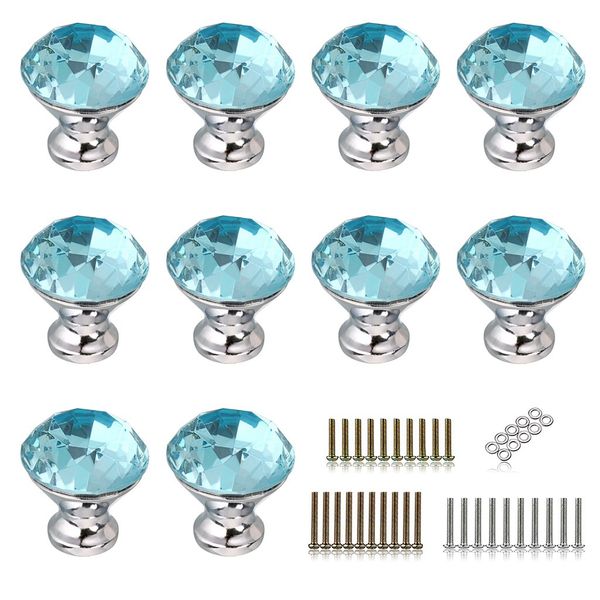 BTSKY 10 Pack 30mm/1.18 inch Drawer Knobs Diamond Shaped Crystal Glass Crystal Cabinet Knobs Crystal Drawer Pull Handles Aqua Blue for Kitchen, Bathroom Cabinet, Dresser and Cupboard