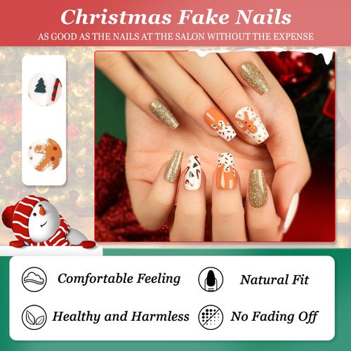 24 Pezzi Natale Unghie Finte Corte Quadrate Rosa Nudo Adesive Press on Nails Ballerina Acrilico Copertura Completa Stampa Sulle Unghie per Donne e Ragazze Nail Art Decorazioni