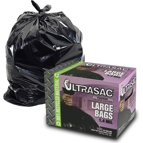 Ultrasac 33 Gallon Trash Bags - (Huge 100 Pack/w Ties) - 39" x 33" Heavy Duty Large Professional Quality Black Garbage Bags - Extra Strong Plastic Trashbags for Home, Kitchen, Lawn, and Other