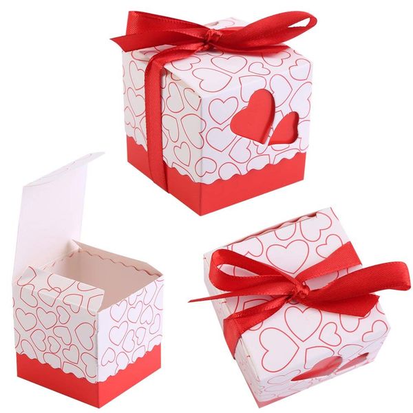 50Pcs Small Candy Boxes Party Favors Wedding, Baby Shower Birthday Candy Chocolate Gift Boxes with Ribbon , Sweet Gift Box for Wedding Birthday Bridal Party Favors Supplies 2.0 x 2.0 x 2.0 inch (Red)