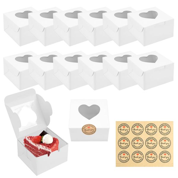 JOYSKY 12 Pcs White Cupcake Boxes Paper Cake Box Bakery Pastry Boxes with Windows and 12 Stickers Kraft Candy Boxes for Cupcakes Desserts Pastries Cookies Small Cakes Candy Pies & Gifts