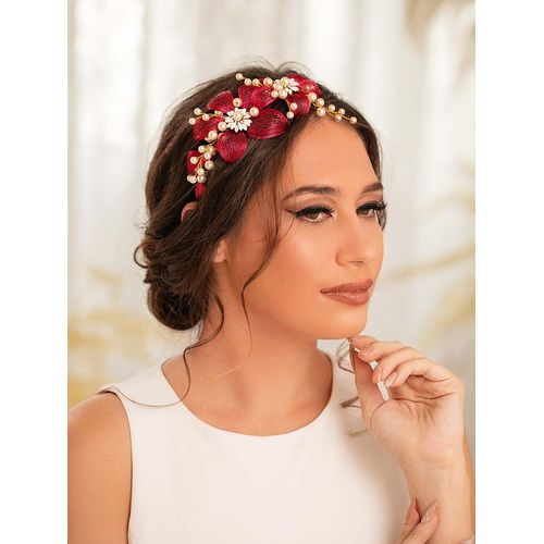 IYOU Flower Wedding Headband Red Pearl Hair Bands Copper Wire Prom Bridal Hair Accessories for Women