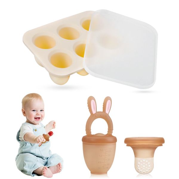 Baby Fruit Feeder Pacifier & Freezer Tray with Lid, BPA Free Silicone Teething Toys, Soothing Gum Relief, Homemade Baby Food, Vegetable, Frozen Breast Milk Cube Feeding Set. (Brown)