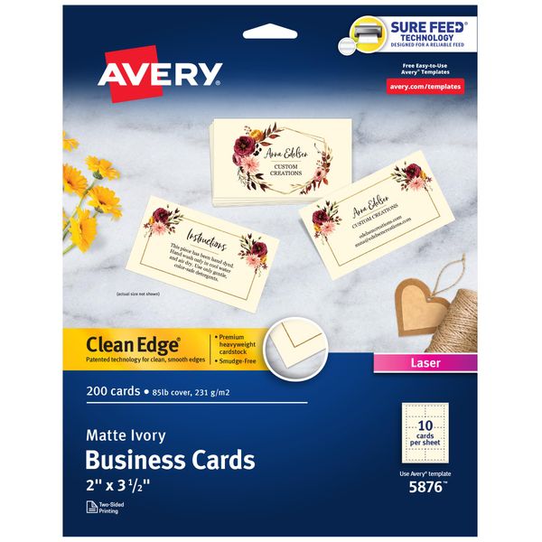 Avery Clean Edge Printable Business Cards with Sure Feed Technology, 2" x 3.5", Ivory, 200 Blank Cards for Laser Printers (5876)