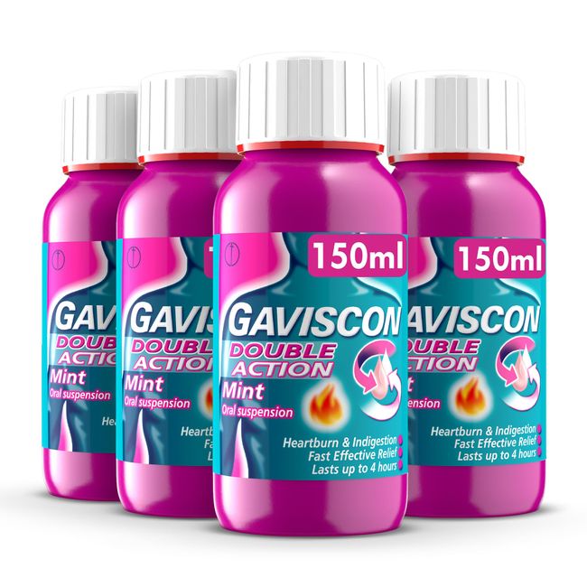 Gaviscon Double Action Heartburn & Indigestion Liquid, Mint Flavour, 150ml, Pack of 4