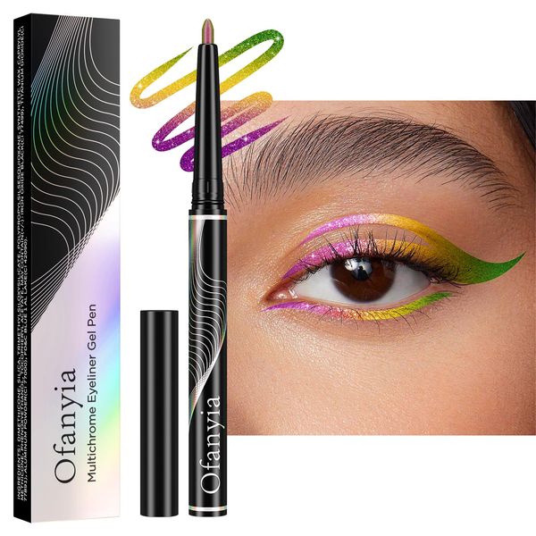 Ofanyia Multichrome Eyeliner Pencil, Metallic Shimmer Gel Eyeliner, Intense Color Shifting Eye Liner Makeup, Waterproof Smudge Proof Easy To Color Gel Eyeliner Pencil (01#Purle Gold Green Eyeliner)