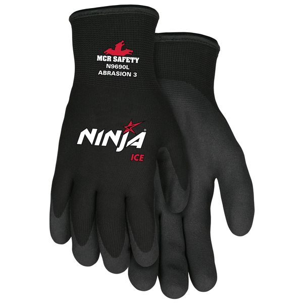 MCR Safety Gloves N9690XL Ninja Ice Insulated 15 Gauge Black Nylon Cold Weather Glove with Acrylic Terry Interior, HPT Palm and Fingertip Coating, X-Large, 1 Pair