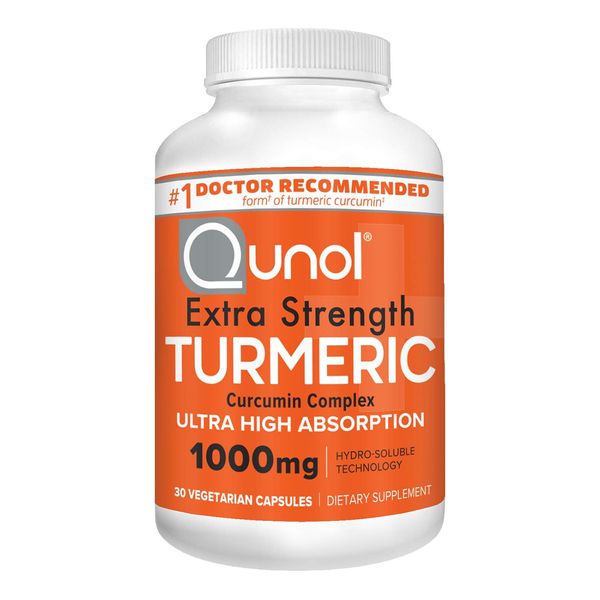 Turmeric Curcumin Capsules, Qunol 1000mg Extra Strength Supplement, Patented Hydro-Soluble Technology, Alternative to Turmeric Curcumin with Black Pepper, 30 Veggie Capsules