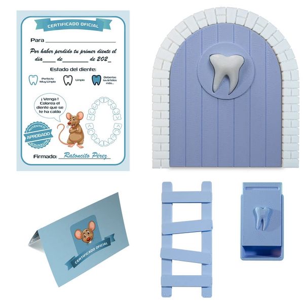 Myfuturshop® Baby Tooth Door for Baby Teeth to the Perez Mouse Original Gift for Boy and Girl Contains Tooth Box, Ladder and 4 Clean Tooth Certificates (Blue)