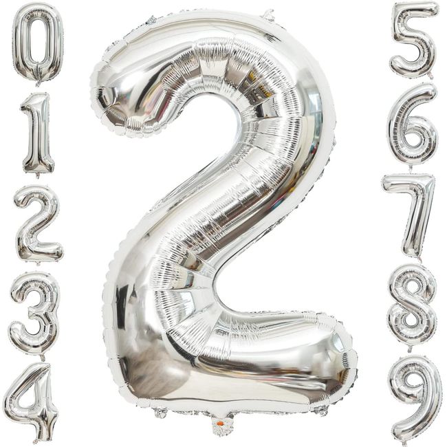 40-inch Number Balloon 2, Silver, Aluminum Balloons for Birthdays, Milestone Birthdays, Decorations, Weddings, Anniversaries, (2, Silver)