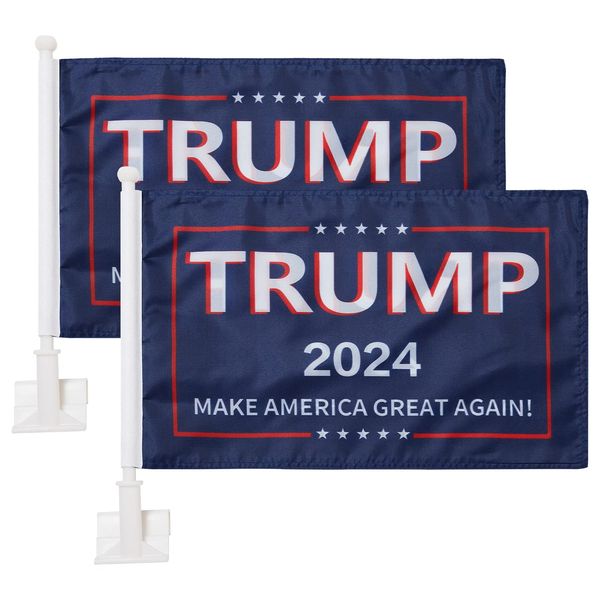 2 Pack Car Flags,Car Flag Donald Trump 2024 Make America Great Outdoor and Car Flag Pole, Car Logo Window Clip Can be Clipped to Most Windows 14 inch Flag Pole and 16 x 10 inch Double Sided Flag